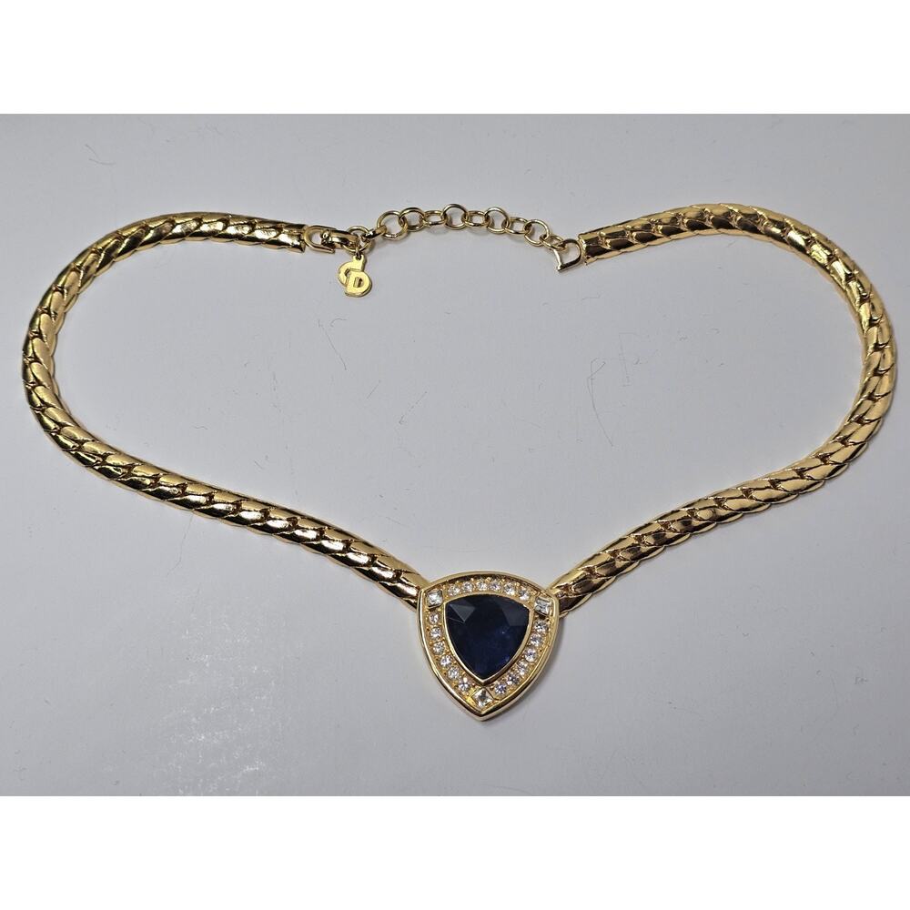 Vintage Christian Dior Gold Plated - Blue & Clear Stone Choker Necklace